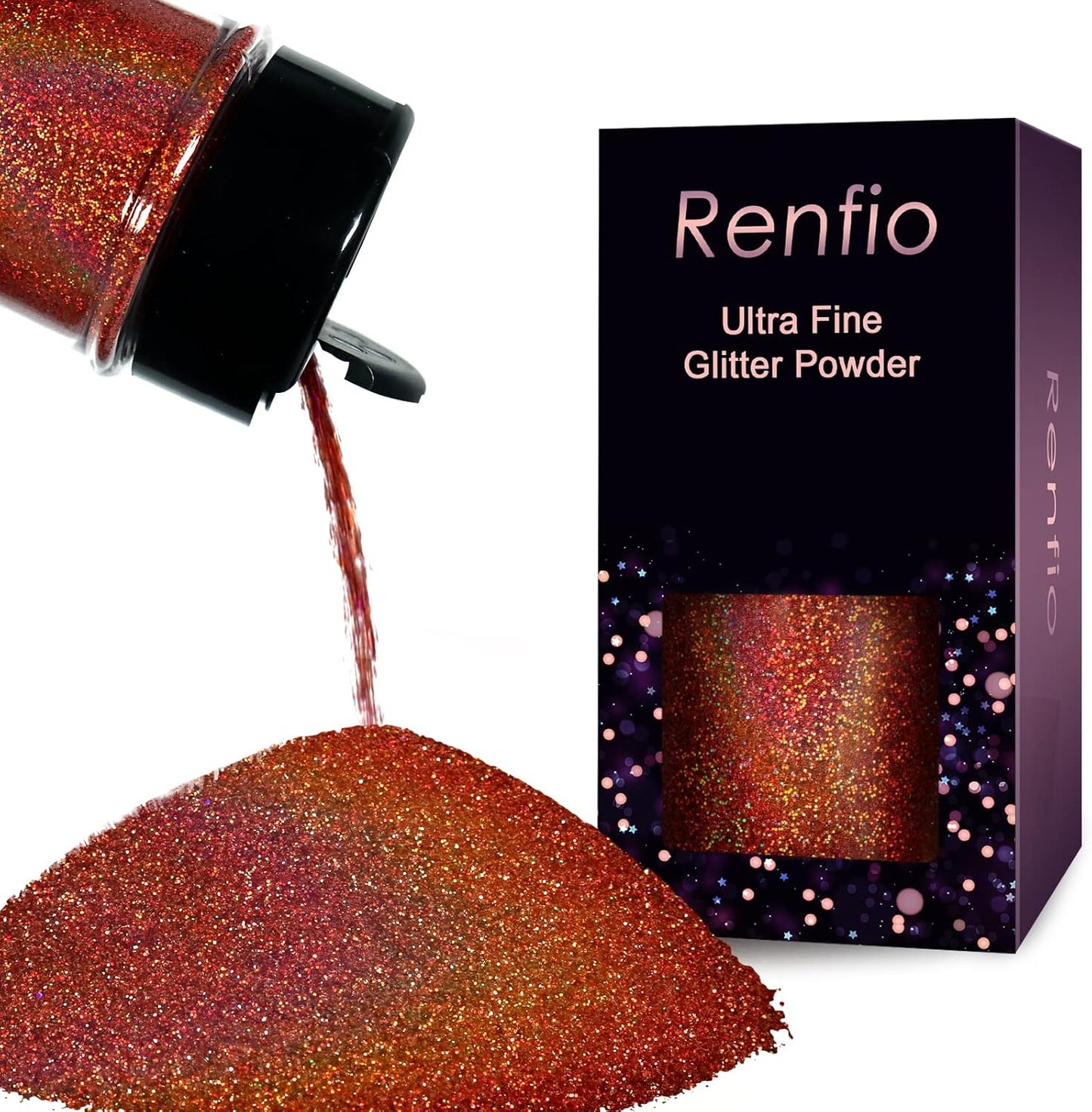 Renfio Holographic Ultra Fine Glitter Powder Metallic Resin Glitter 2.11 Oz (60g) PET Flakes Crafts Sequins 1/128" 0.008" 0.2mm Epoxy Chips Flakes for Tumblers Slime - Laser Orange