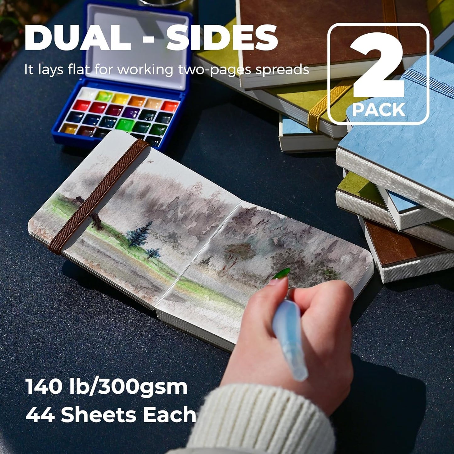 Funto Watercolor Journal 2-Pack, 3.9x3.9, 44 Pages Each,Cold-Pressed 100% Cotton,PU Leather Blue Hard Cover, Art Supplies for Mixed Media