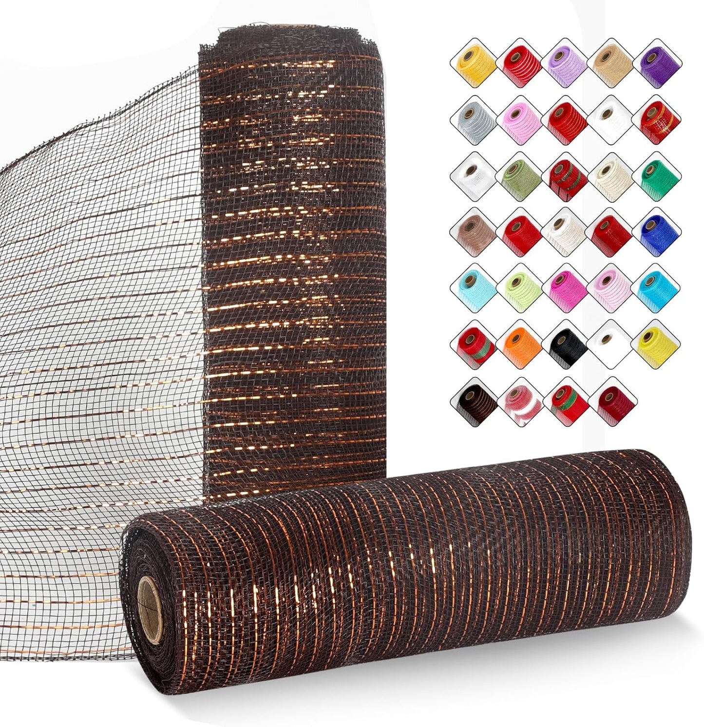 2 Rolls Mesh Ribbon for Wreaths 10 Inch x 30 Foot Wreath Mesh Rolls with Metallic Foil for Easter Christmas Party Wedding Home Decor DIY Craft Projects and Gift Wrapping (Brown)