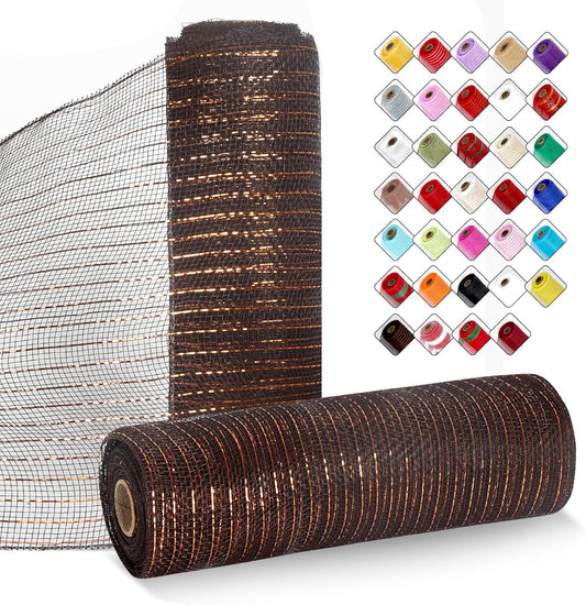 2 Rolls Mesh Ribbon for Wreaths 10 Inch x 30 Foot Wreath Mesh Rolls with Metallic Foil for Easter Christmas Party Wedding Home Decor DIY Craft Projects and Gift Wrapping (Brown)