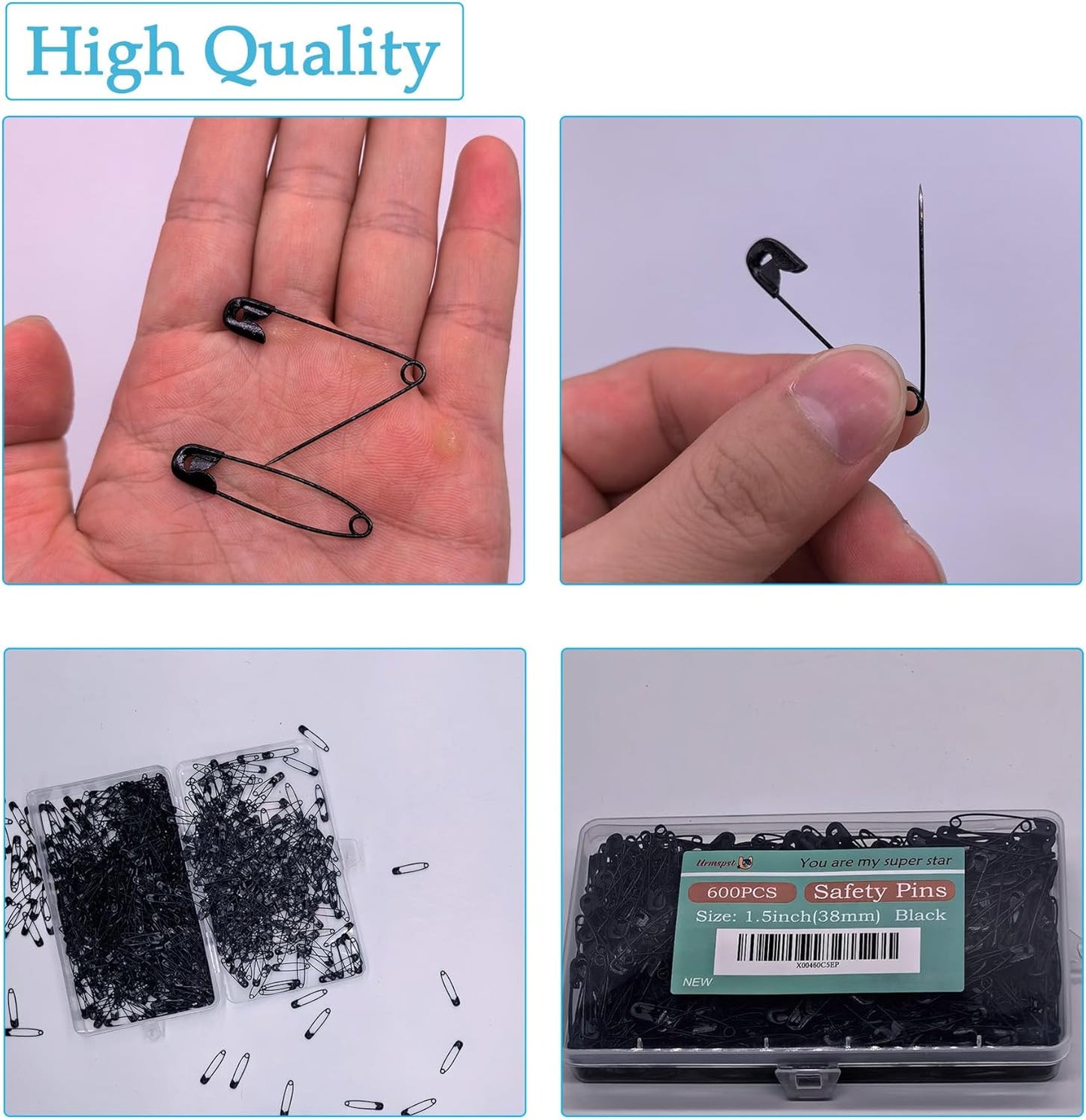 600PCS Safety Pins, 1.5 inch Small Safety Pins, Rust-Resistant Nickel Plated Steel, Sharp Edge Safety Pin for Clothes, Sewing, 38mm Decorative Safety Pins Assorted (Black)