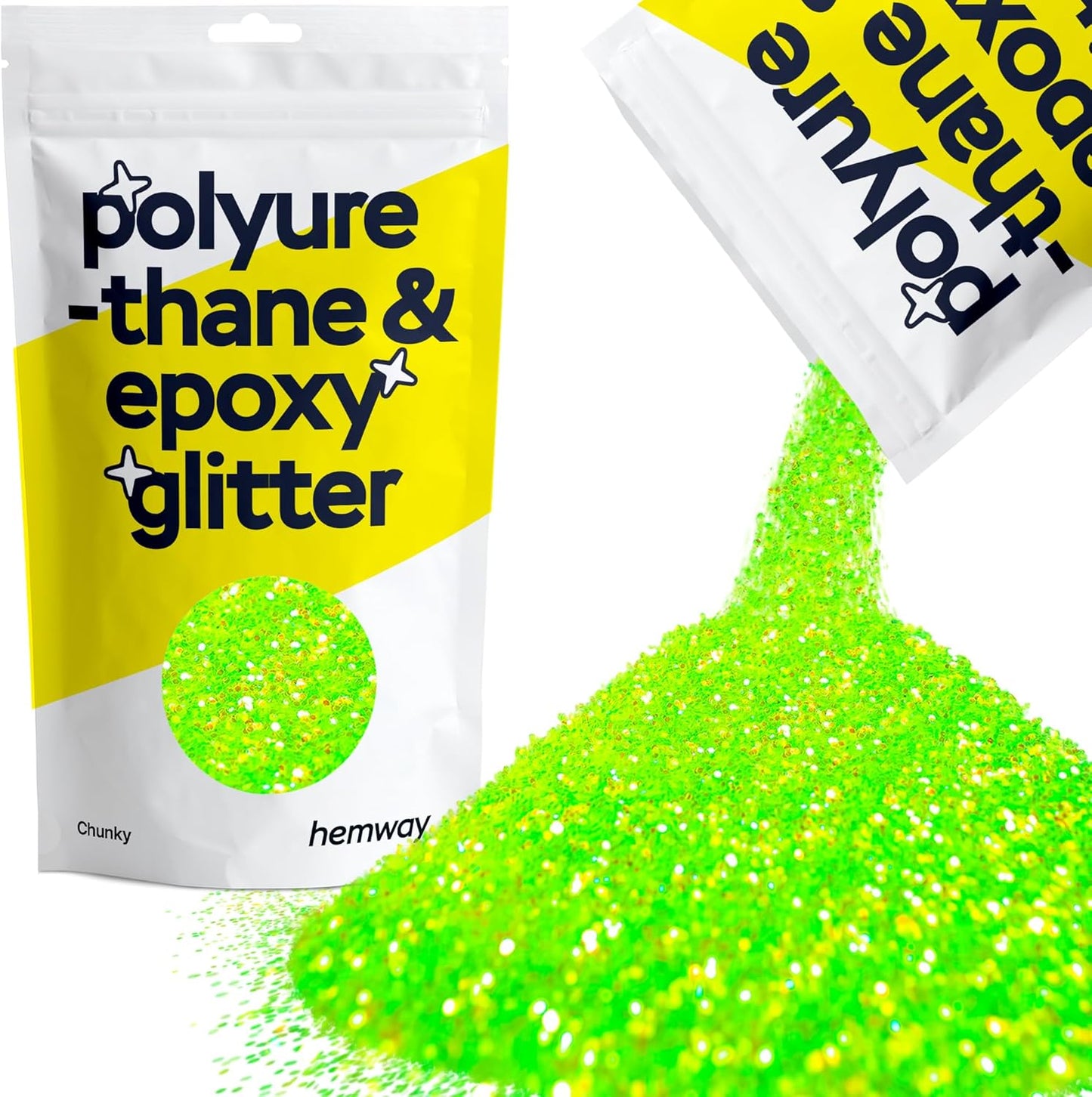 Hemway Polyurethane & Epoxy Resin Glitter 100g / 3.5oz Metallic Crystal Flake Additive for Flooring Jewelry Tumblers Glass Pigment - Chunky (1/40" 0.025" 0.6mm) - Fluorescent Green