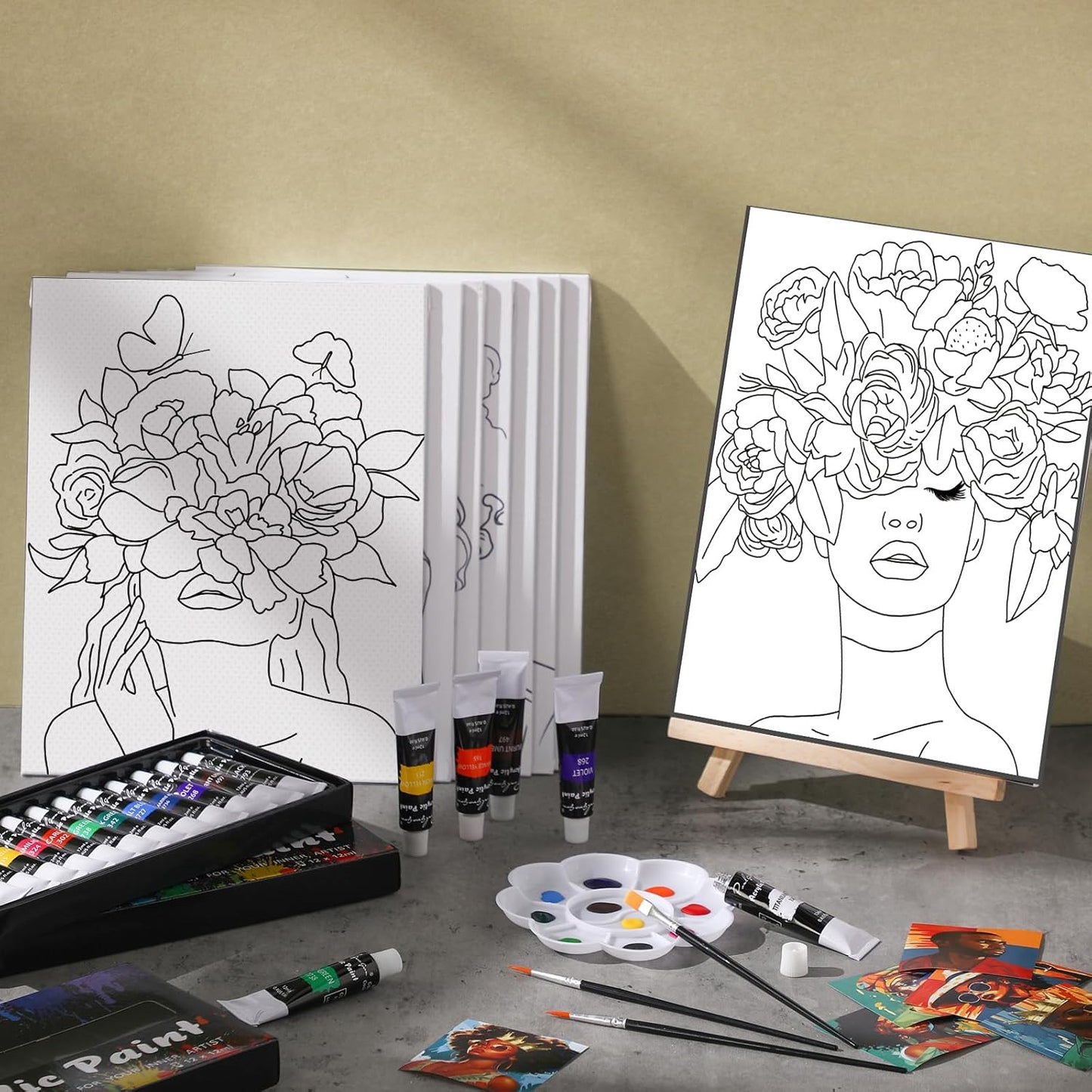 Cholemy 36 Pcs Paint and Sip Kit for Adults 8''x10'' Pre Drawn Canvas for Painting DIY Afro Acrylic Painting Kit Wood Easel Brushes Date Night Bulk for Christmas Party Gifts(Flower Lady)