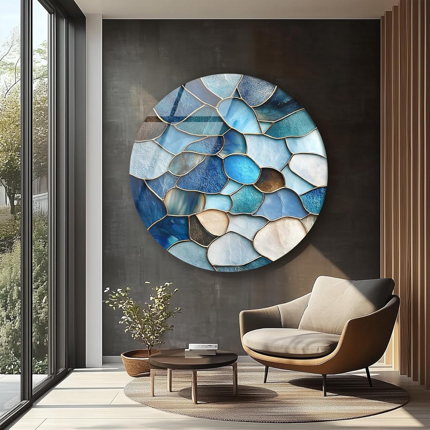 My Photostation.com 20''(50cm) Diameter Coastal Blue Stone Mosaic Round Glass Wall Art Tempered Glass Printing Wall Decor Large Wall Art Wall Hangings