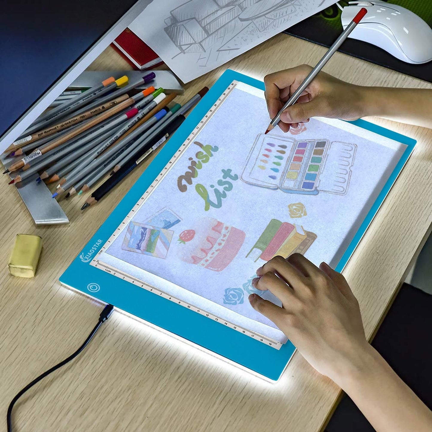 Light Box Drawing Pad, Tracing Board with Type-C Charge Cable and Brightness Adjustable for Artists, AnimationDrawing, Sketching, Animation, X-ray Viewing (A4-Blue)
