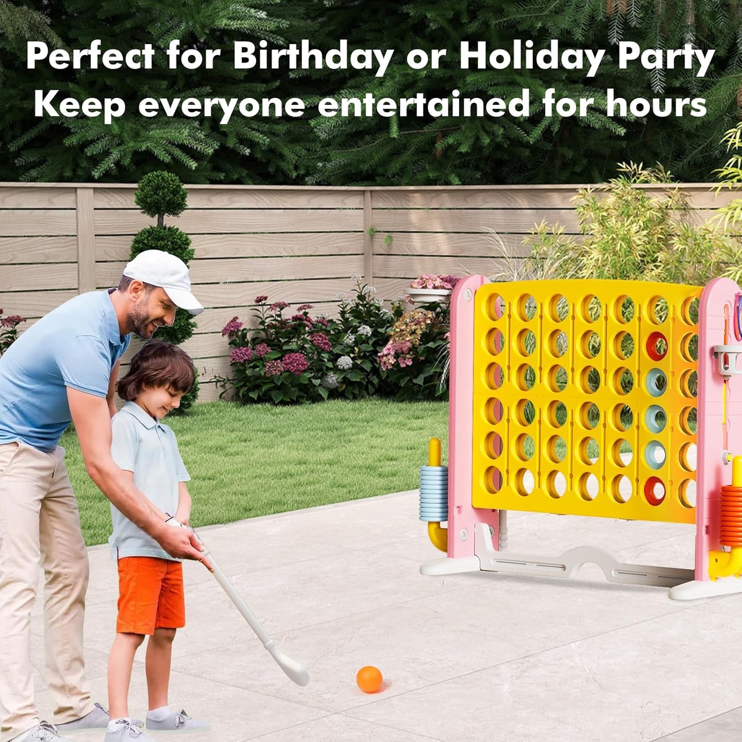Giant 4 in a Row Connect Game with Mesh Fabric | Height Adjustable 4-in-1 Jumbo 4-to-Score Yard Game Set with Basketball, Golf & Ring Toss | Outdoor Indoor Family Yard Party Game for Kids & Adults