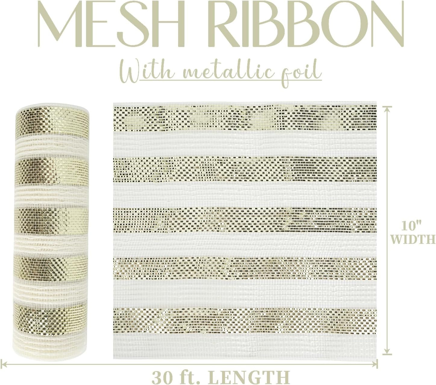 MEEDEE Cream Cotton & Deluxe Metallic Champagne Striped Deco Mesh - 30 Feet for Christmas Tree, Wreaths, Garland, Gift Wrapping, Bows Making