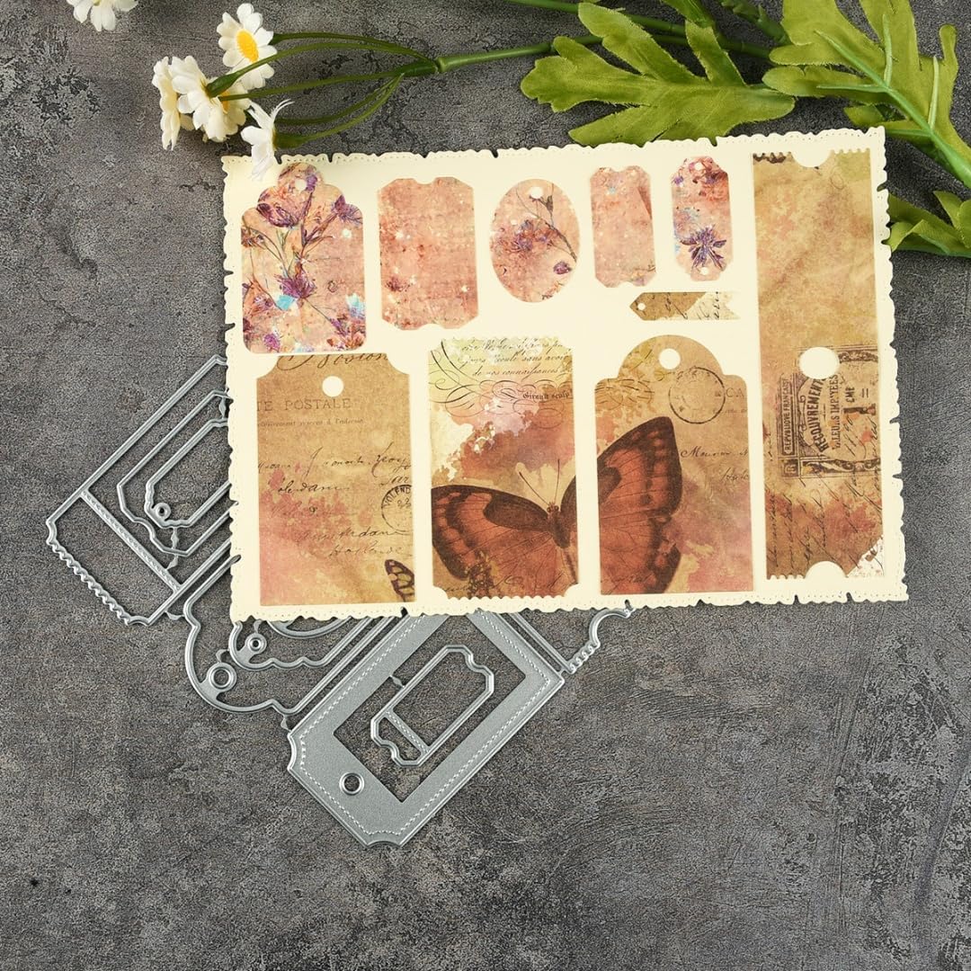 Mvchifay Cutting Dies Happy Birthday Holiday Thanks Greetings Metal Stencils Scrapbooking Tool Love Heart DIY Carbon Steel Embossing Template for Paper Card Making (Stamp Tag-10.7x12.9cm)