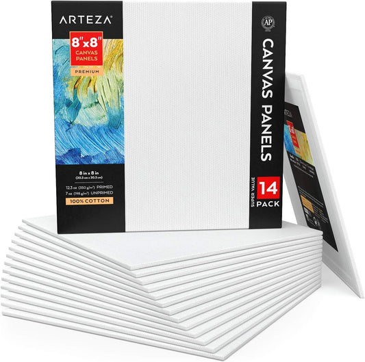 ARTEZA Canvas Panels 8x8 Inch, White Blank Pack of 14, 100% Cotton, 12.3 oz Primed, 7 oz Unprimed, Acid-Free, for Acrylic & Oil Painting, Professional Artists, Hobby Painters & Beginners