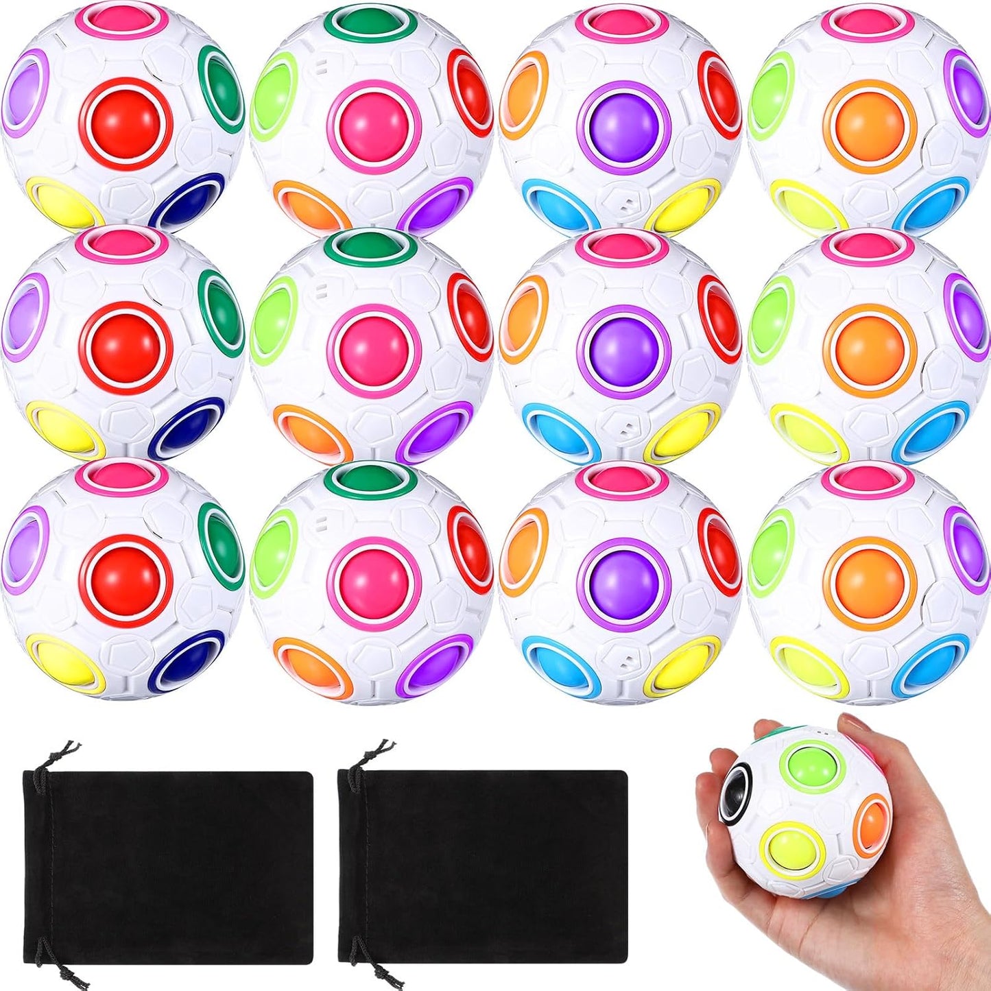 12 Pack Rainbow Puzzle Magic Ball With 2 Pcs Pouches - Fidget Toy for Boys and Girls, Speed Cube, Funny Stress Reliever for Kids, Teens and Adults (White)