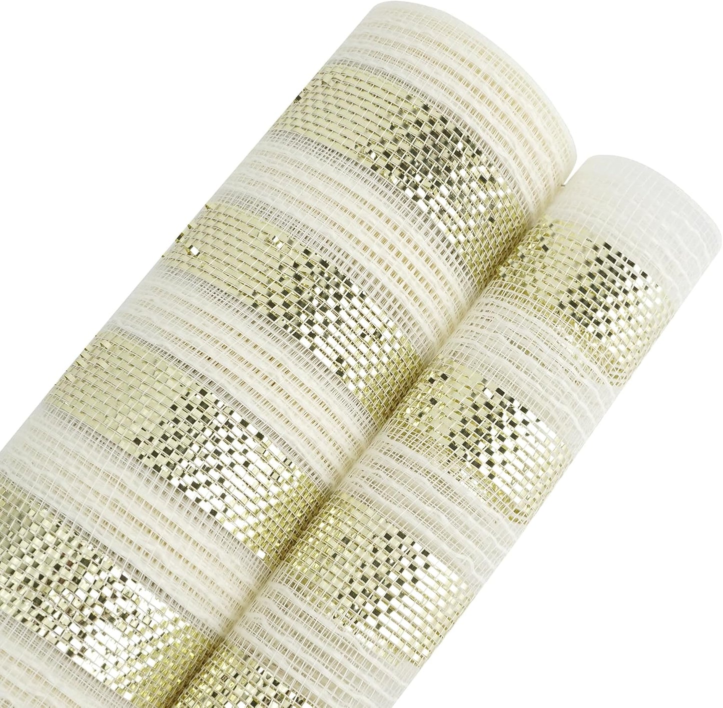 MEEDEE Cream Cotton & Deluxe Metallic Champagne Striped Deco Mesh - 30 Feet for Christmas Tree, Wreaths, Garland, Gift Wrapping, Bows Making