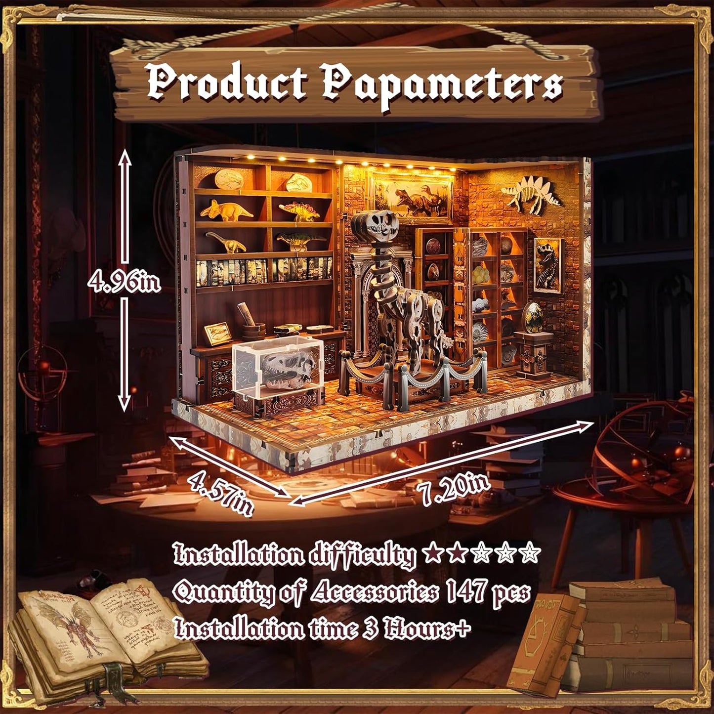 3D Wooden Puzzles for Adults, DIY Miniature Dollhouse, Book Nook Kit, Built-in LED Model Kit Hobby Gifts for Adults Teens Home Decor, Ideal Gift for Teenager and Men (Dinosaur Museum)