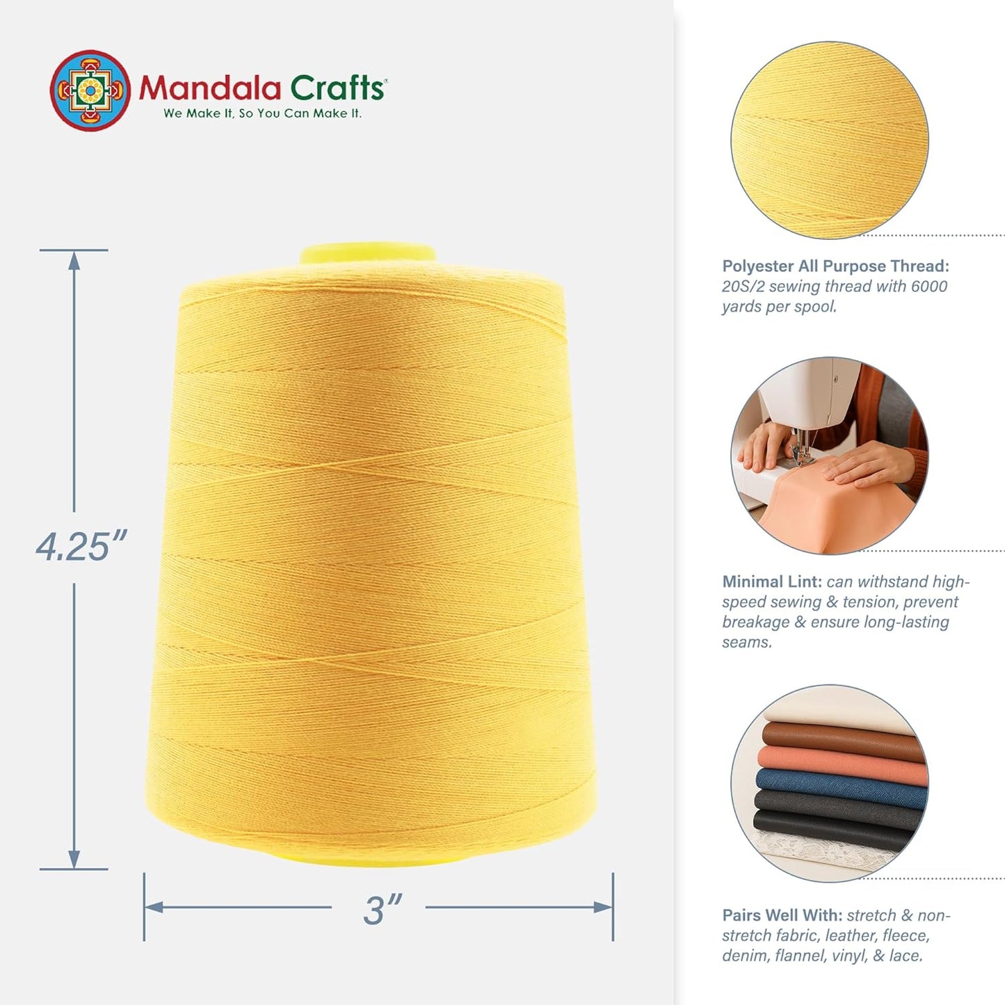 Mandala Crafts 4 Pack of Serger Threads Cones Spools - 20S/2 24000 Yards Polyester Butter Cream Threads for Sergers Machine and Overlock Quilting Sewing Machine