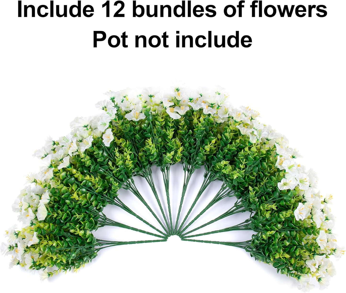 Artificial Flowers Fake Plants for Outdoors Decoration, 12 Bundles White Silk Morning Glory with Eucalyptus Realistic UV Resistant Faux Flowers for Outside Planter Porch Yard Patio Garden Home Indoor