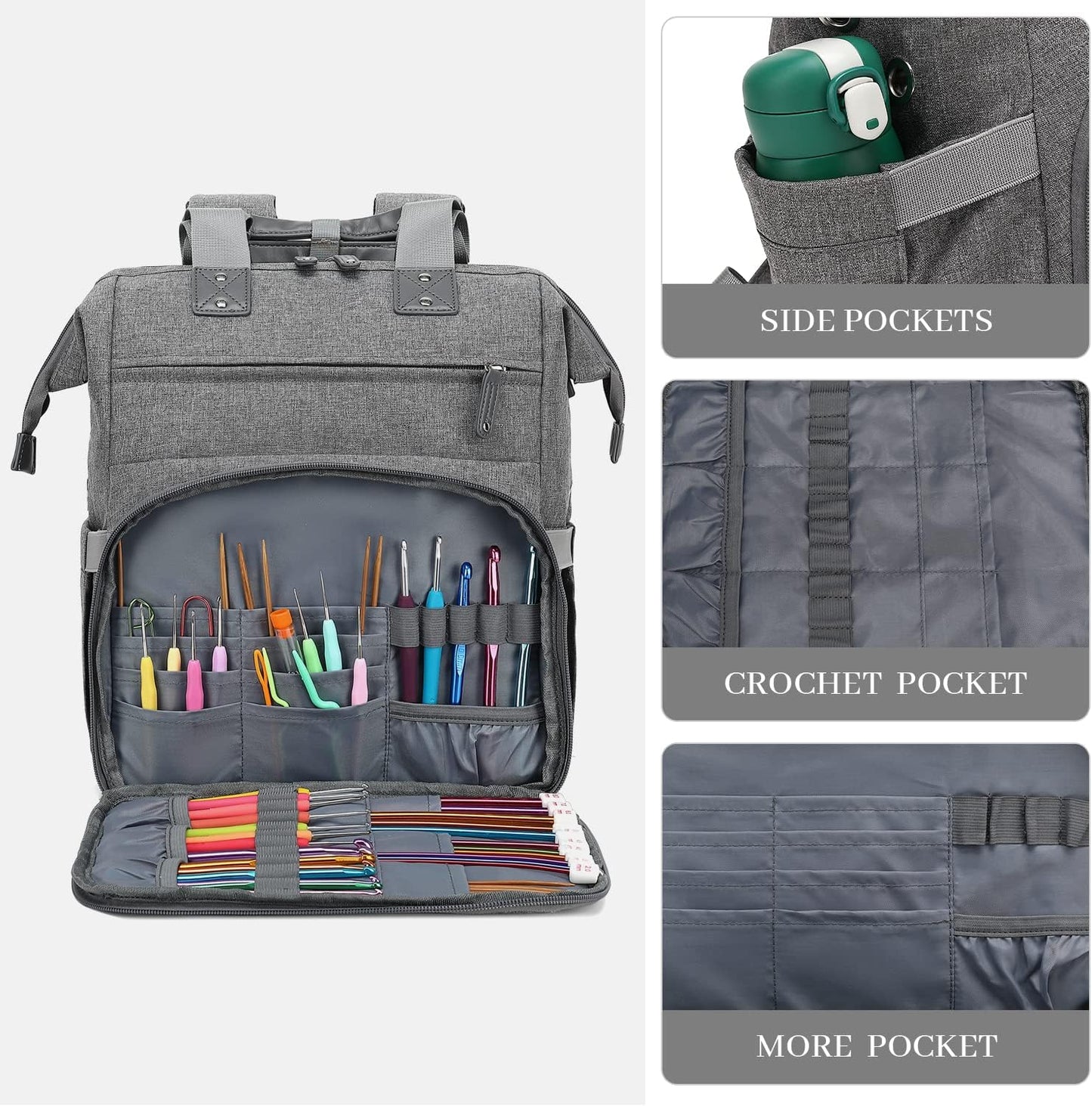 Knitting Bag Backpack Yarn Storage Organizer Travel Bag with USB Charging Port, Large Tote Bag Holder Case for Knitting Needles, Crochet Hooks, Accessories, Grey