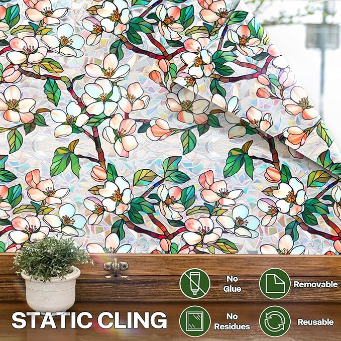 Stained Glass Window Film UV Resistant Window Privacy Film Petal Privacy Rainbow Decals Living Room Bedroom Sun Blocking Decor Removable Static Cling Stickers 17 x 78.74 Inch