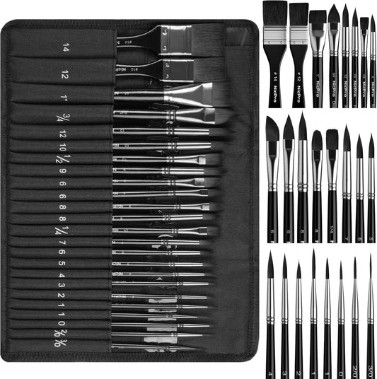 Nicpro 24pcs Watercolor Brushes Professional, Soft Synthetic Squirrel Hair Watercolor Brush Set with Cloth Roll, Round, Liner, Flat, Filbert, Dagger, Cat Tongue for Water Color Gouache Inks Painting