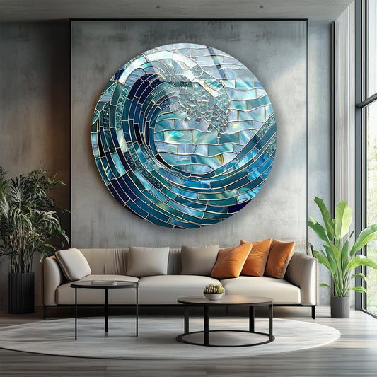 My Photostation.com 24''(60cm) Diameter Ocean Wave in Blue Mosaic Round Glass Wall Art Tempered Glass Printing Wall Decor Large Wall Art Wall Hangings