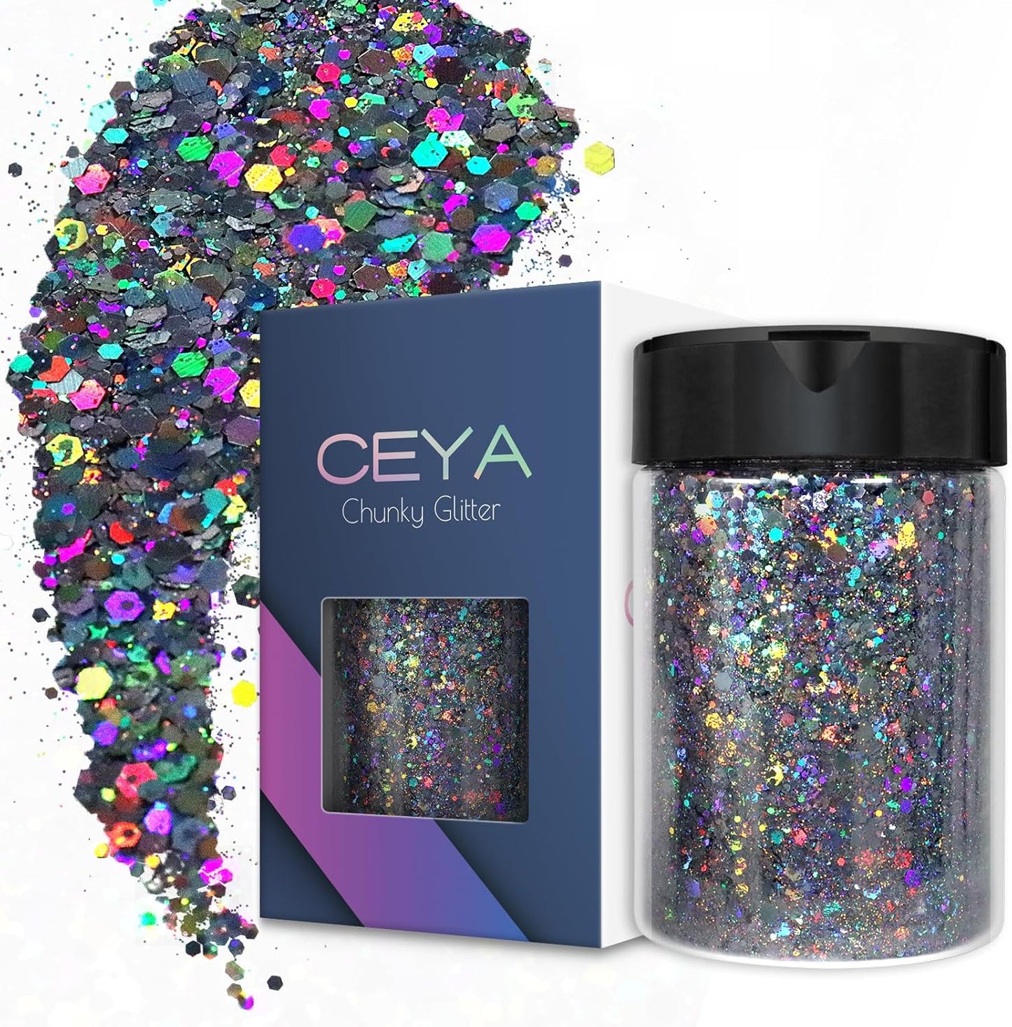 Ceya Holographic Chunky Glitter, 4.9oz/ 140g Silver Grey Craft Glitter Powder Mixed Chunky & Fine Flakes Iridescent Nail Sequins for Nail, Hair, Epoxy Resin, Tumblers, Slime, Painting, Festival Decor