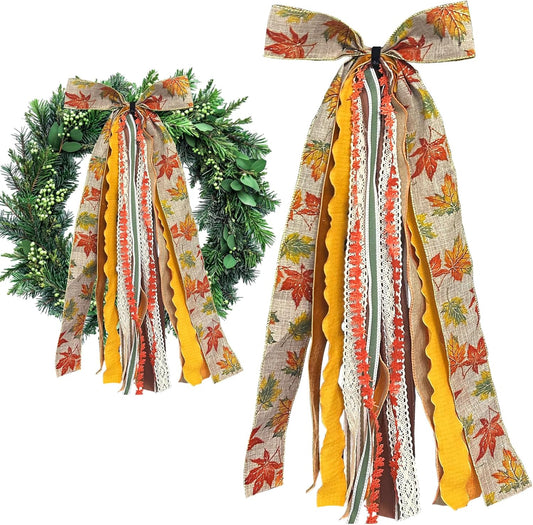 Large Fall Ribbon Bow for Wreath, Orange Maple Leaves Fabric Ribbons Set Assorted Lace Ribbon Fall Clip-On Wreath Sash Ribbons Bundle for Thanksgiving Indoor Outdoor Decor