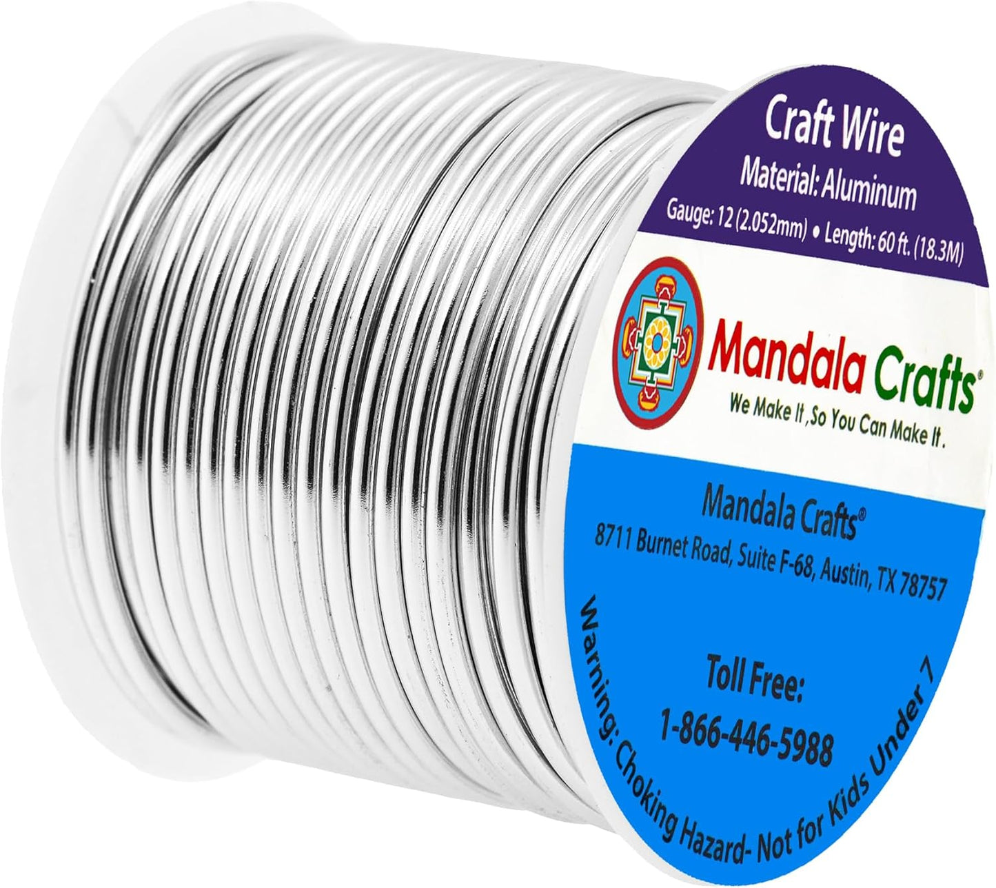 Mandala Crafts 12 Gauge Anodized Aluminum Craft Wire for Jewelry Making - 60 FT Colored Flexible Silver Tone Wire - Bendable for Bonsai Armature Crafting Sculpting