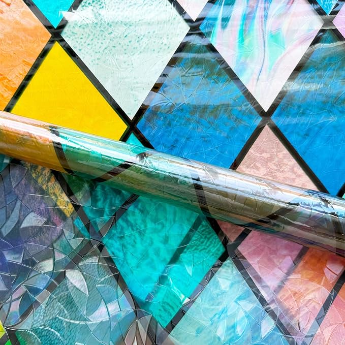 Colorful Stained Glass Window Film 3D Prism Sliding Door Privacy Covering Static Cling Church Tint Decorative Suncatcher Cover Decal No Glue Heat Cotrol Anti Glare Removable Home Office,23.6x118in.