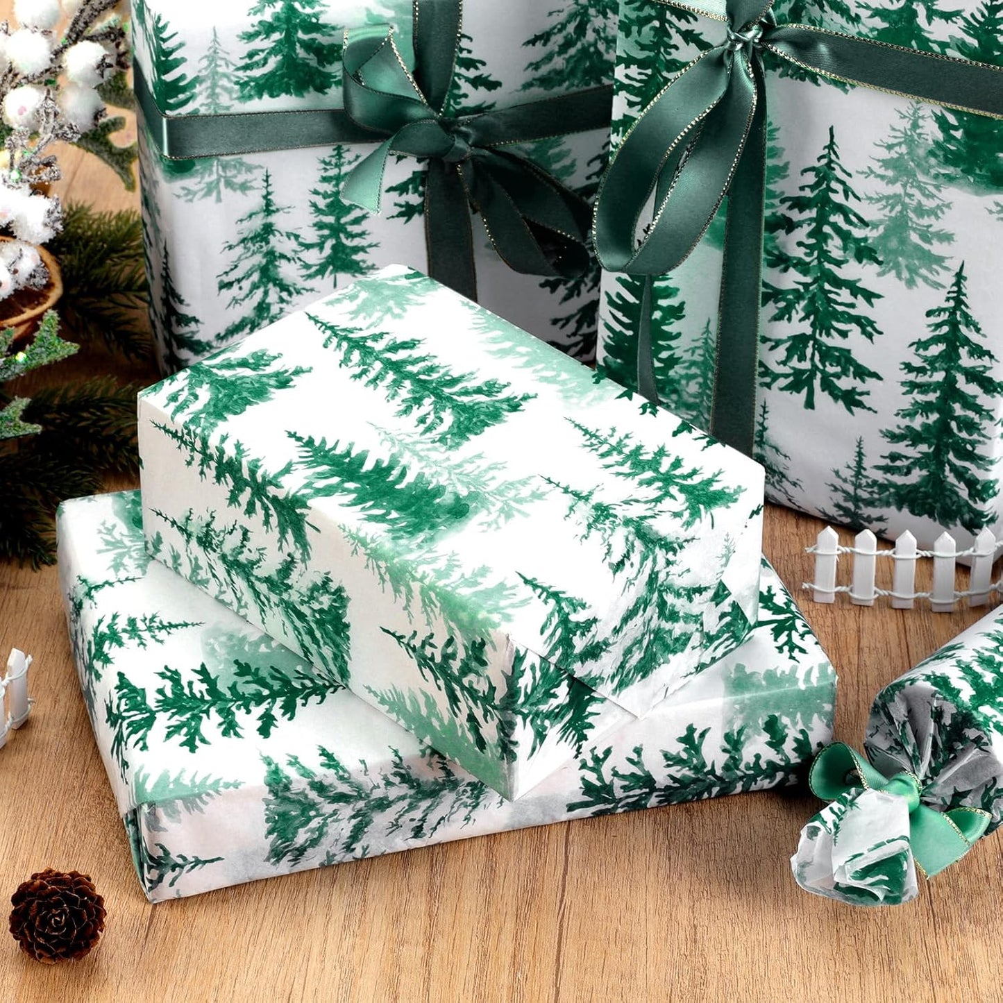 100 Sheets Christmas Tree Tissue Paper, 20x14in Forest Style Wrapping Tissue Watercolor Xmas Tree Art Tissue for Xmas Party Gift Bag Fillers Winter Party Decor (Blush Green)