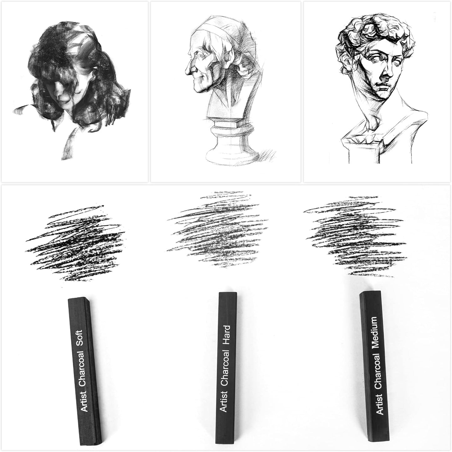 12 Pack Compressed Charcoal Sticks, Vine Charcoal Stick for Drawing, Sketching, Shading, Art Supplies Sketch Kits Tools Soft, Medium and Hard Grade