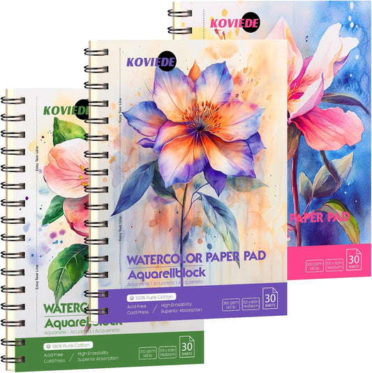 KOVIEDE 100% Cotton Watercolor Paper Pad - 3 Pack (90 Sheets) 5.5"x8.5" Cold Press, 140lb/300gsm Spiral Bound Watercolor Sketchbook, Artist Quality Art Journal Supplies for Adults, Kids & Beginners