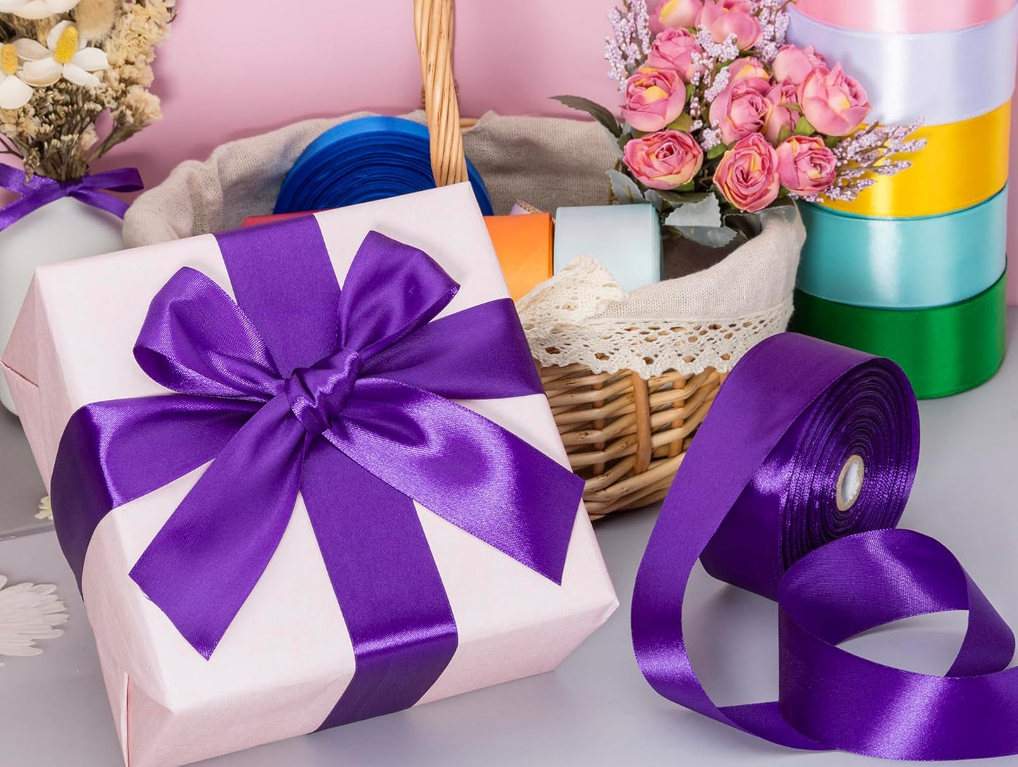 1 1/2 Inch Purple Solid Satin Ribbon, 50 Yards Craft Fabric Ribbon for Gift Wrapping Floral Bouquets Wedding Party Decoration