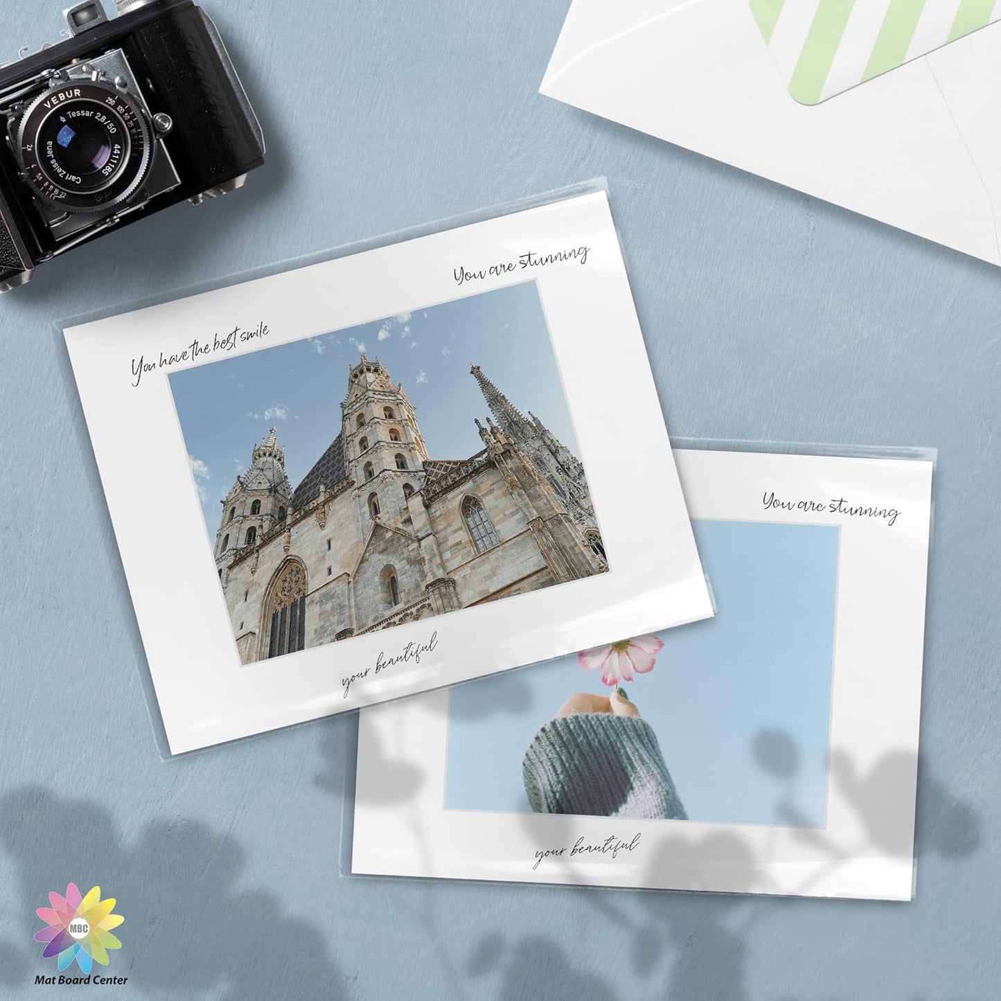 Mat Board Center, Pack of 50, 11x14 for 8x10 White Picture Mat Sets - Acid Free, 4-ply Thickness, Bevel Pre-Cut White Core - Includes Backing Boards and Clear Bags - for Pictures, Photos, Framing