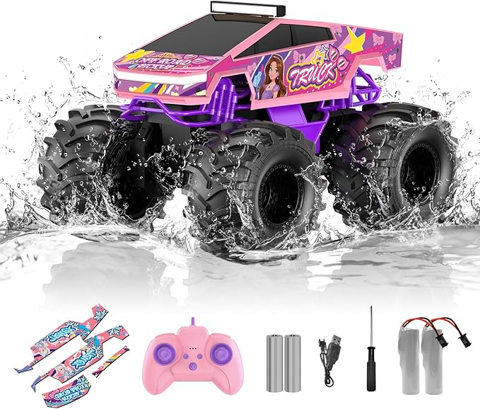 Amphibious Remote Control Car, 1:18 Pink Monster Truck Toys for Girls RC Cars, 2.4 GHz Waterproof RC Trucks, 4WD All Terrain Off-Road Pickup, Girls Christmas Birthday Gifts Presents Kids Toys Ages 6+