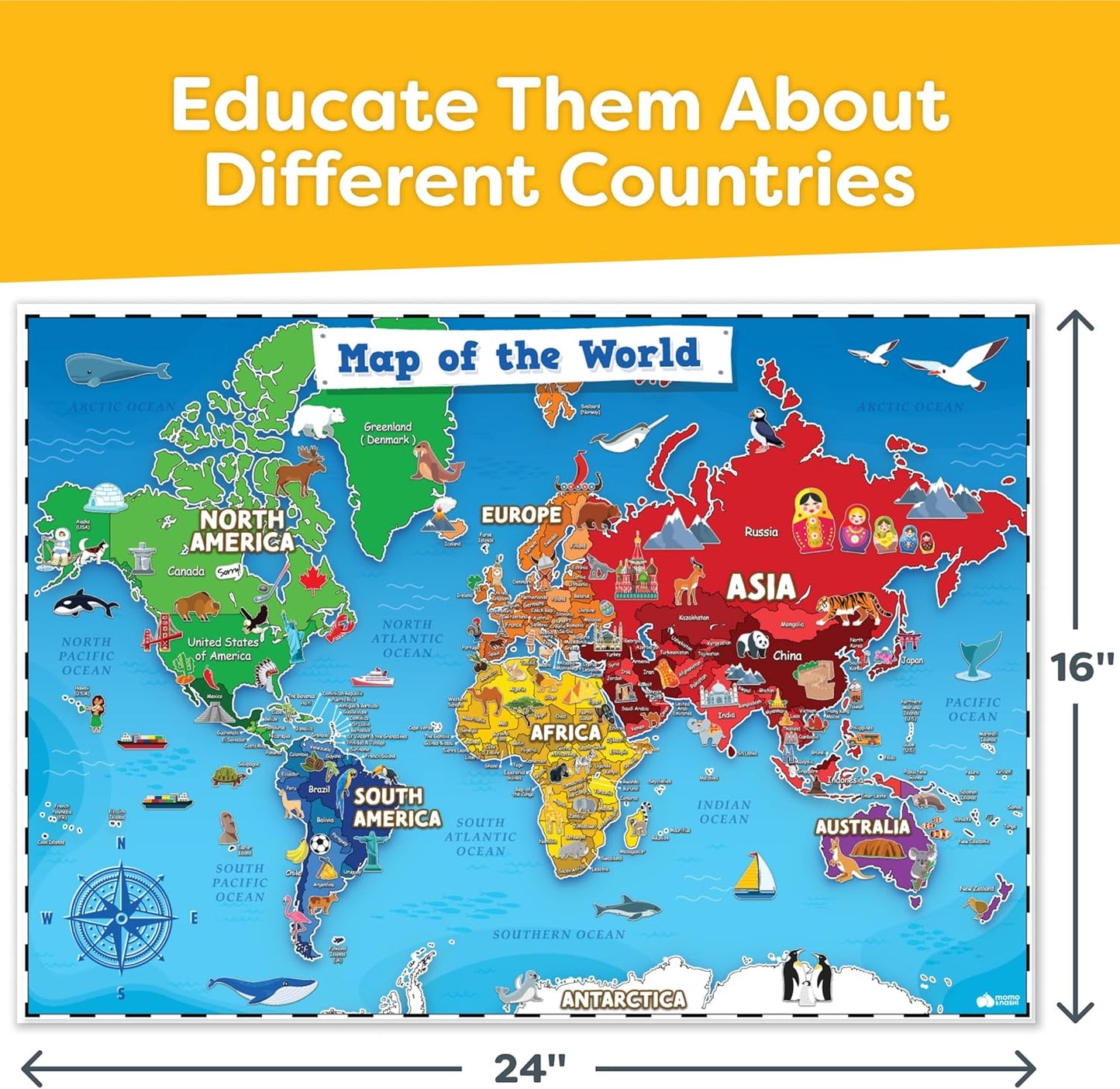 World Map Poster & Map of the United States For Kids - 2pc Set - 24” x 16” USA & World Map For Kids Waterproof Classroom Posters Must Haves - Classroom Decor Educational Posters For Toddlers 1-3