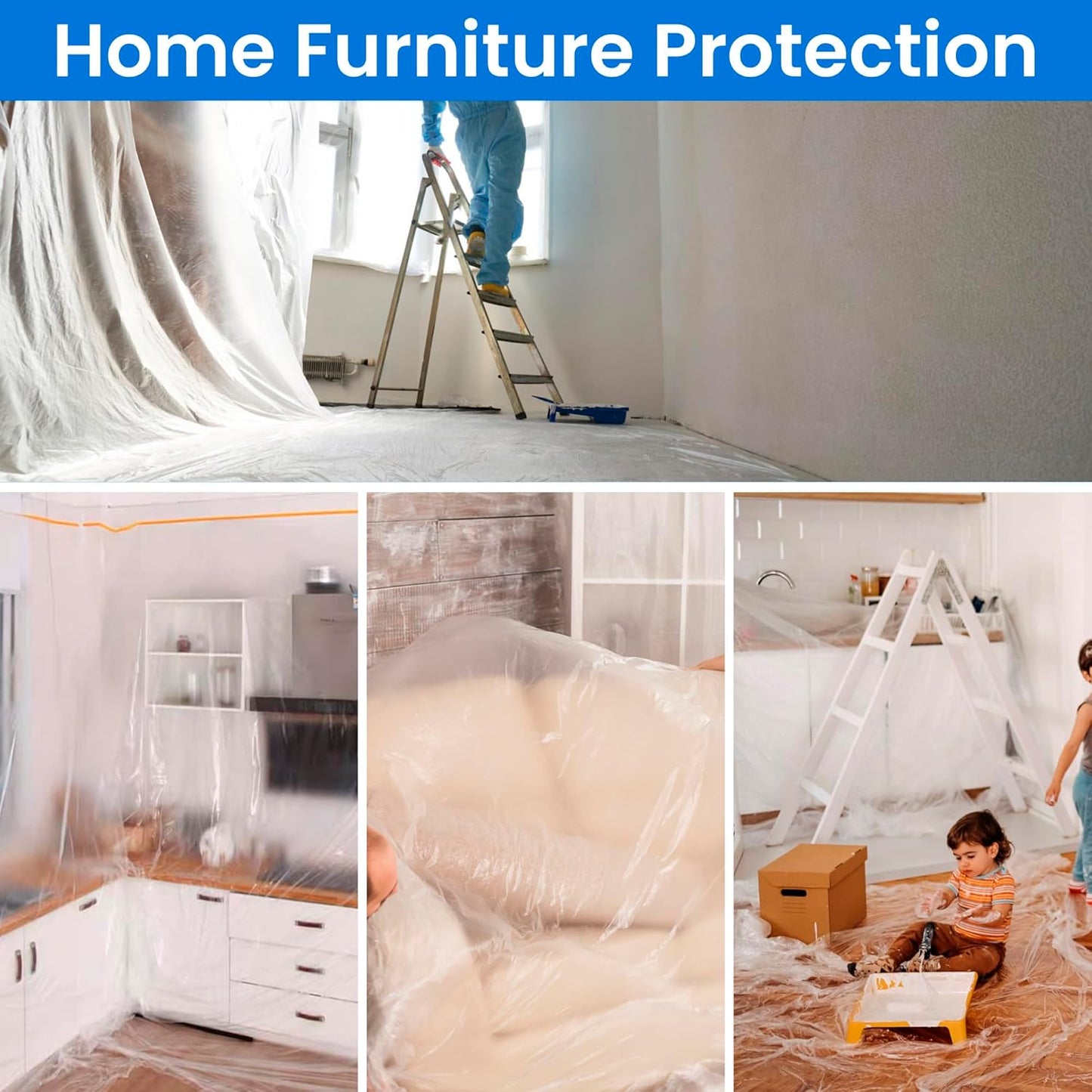 TAPEBEAR Upgrade Pre-Taped Masking Film Extra Thick, High Temp Tape and Drape 55" x 90', Plastic Cover for Automotive, Painting, Plastic Sheeting Masking Tape Film for Auto, Floor, Furniture, 4Rolls