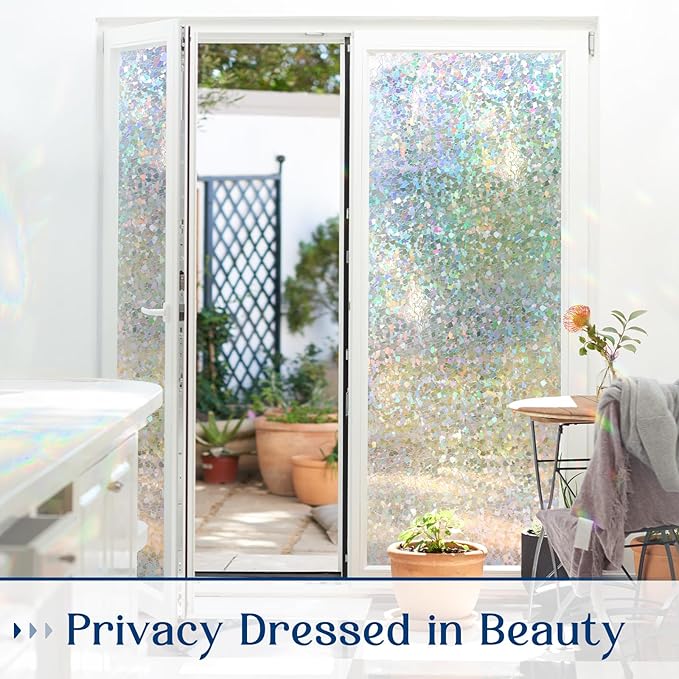 Haton Window Privacy Film Rainbow Film Stained Glass Window Clings, 3D Decorative UV Sun Blocking Sticker, Removable Static Cling Heat Control Tint for Home Door, 35.4" x 78.7" Non-Adhesive
