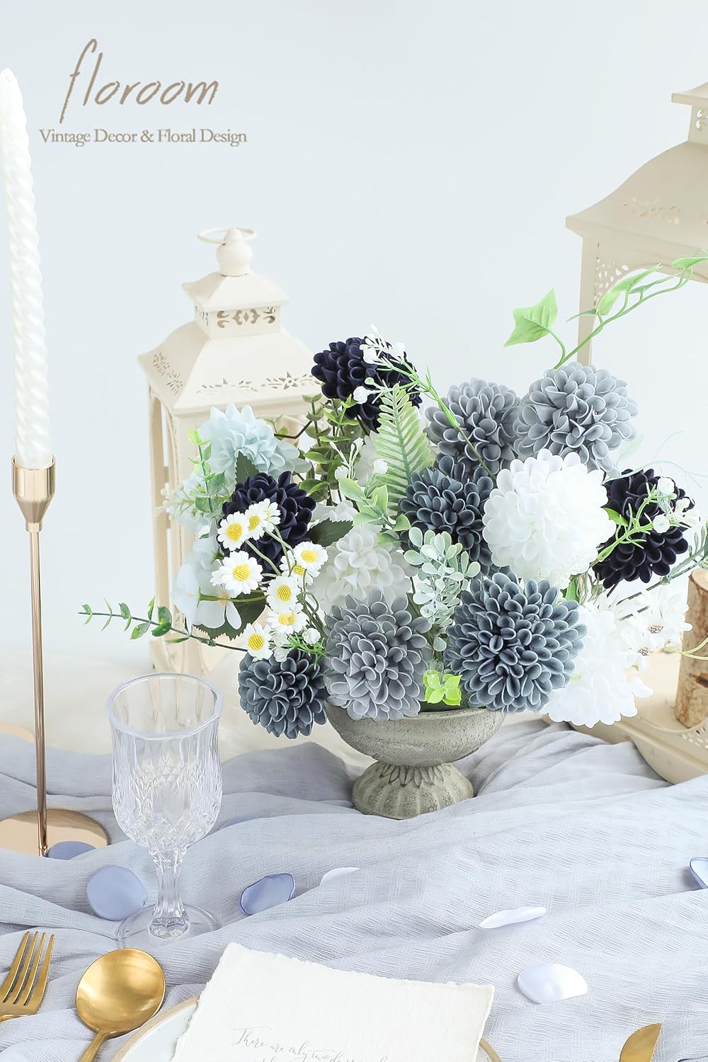 Floroom Artificial Dahlia Flowers 25pcs Real Looking Blue Shades Foam Fake Roses with Stems for DIY Wedding Bouquets Bridal Shower Centerpieces Floral Arrangements Party Tables Home Decoration