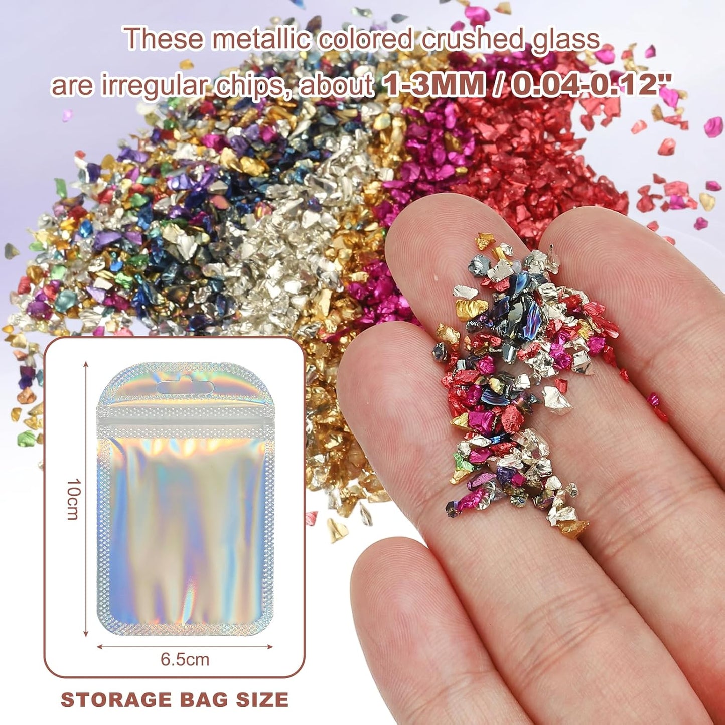 uxcell 6 Colors Crushed Glass Chips, 1-3mm Irregular Glitter Metallic Glass Broken Glasses Pieces with Laser Bag for Craft DIY Vase Epoxy Halloween Decoration 31.5g, Multicolored