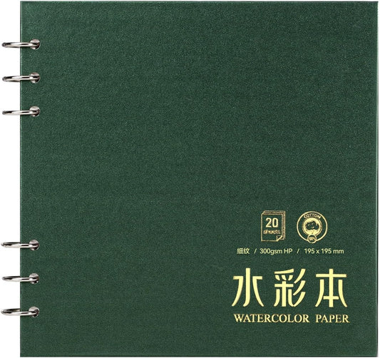 Lightwish Square Watercolor Journal,100% Cotton,300gsm/140lb,Acid-Free,20 Sheets Hot Press Watecolor Paper Sketchbook for Artists Adults Students,7.68 * 7.68 Inches(Dark Green)