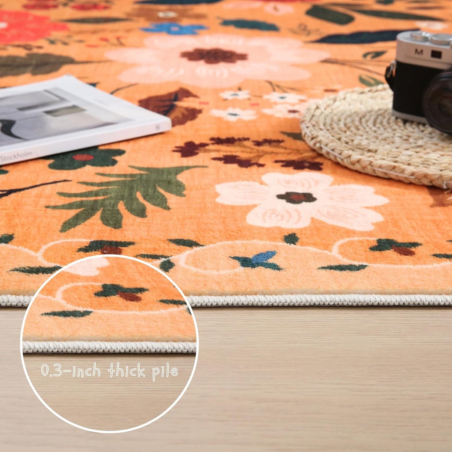 Rugcomf Living Room Rug 6x9 Rug Machine Washable Boho Area Rug Non Slip Floral Vintage Low Pile Large Rug for Living Room, Bedroom, Farmhouse, Dining Room, Kids Playroom(Yellow)