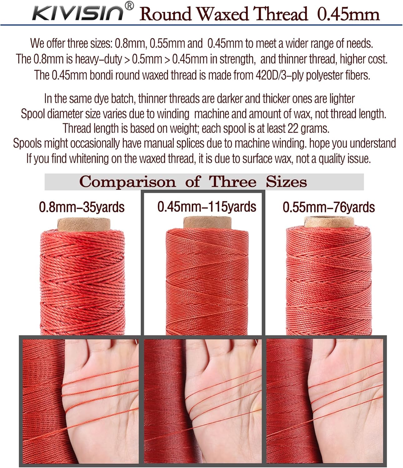 12 Colored Waxed Polyester Thread, 0.45mm Thinner Diameter, 115 Yards/Spool, Wax Coated String Cord for Leather Sewing, Upholstery, Stitching, Binding, Beading, Stringing, and Crafting