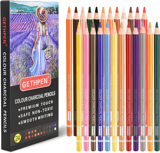 24-Color Charcoal Pencil Set – Skin Tones & Pastel Chalk Pastel Chalk Colored Pencils for Sketching, Shading & Portrait Art – Professional & Beginner Artist Kit