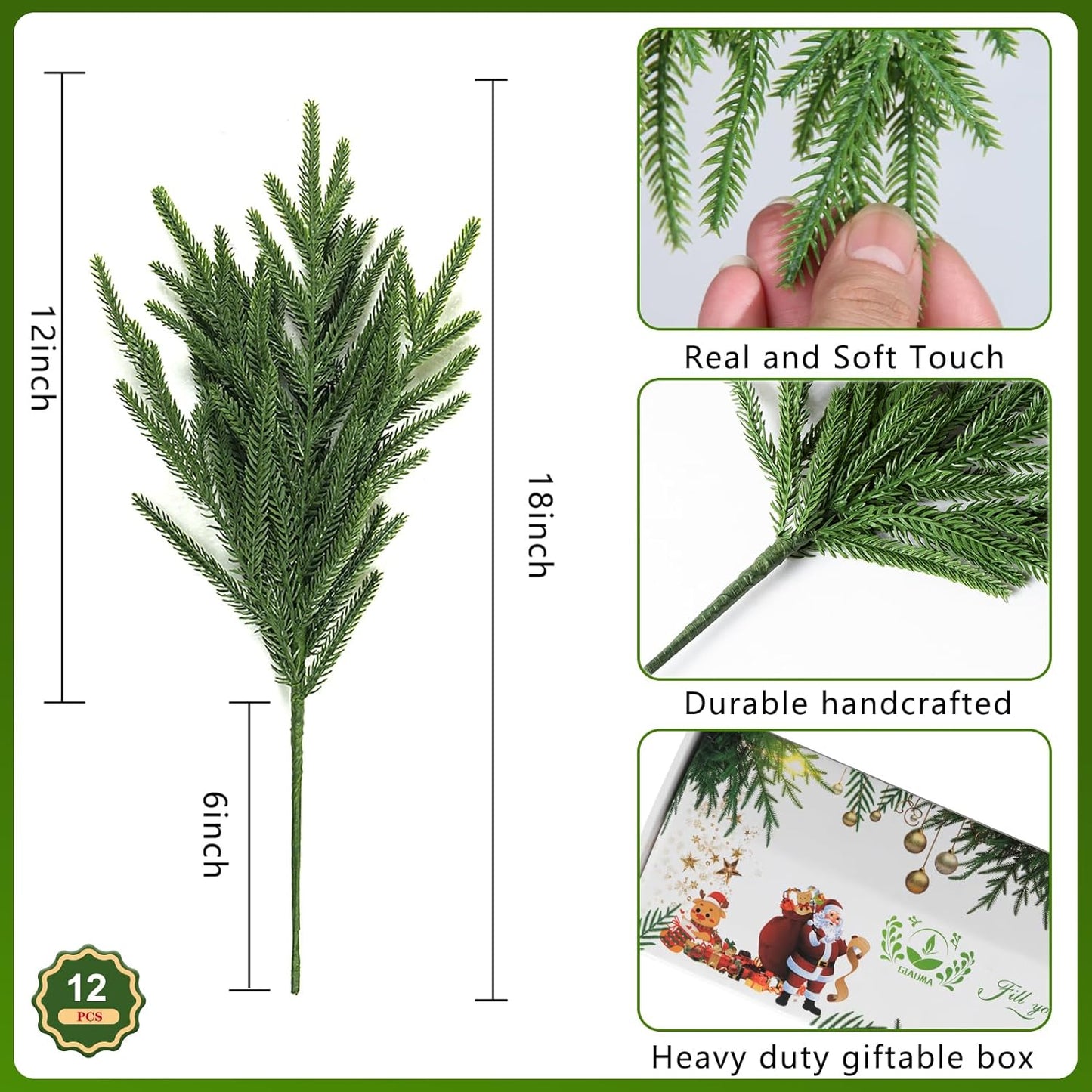 12 Pcs Artificial Norfolk Pine Branches - 18" Realistic Faux Christmas Greenery Stems Fake Evergreen Cedar Picks Winter Greens for Vase DIY Crafts Garland Wreath Indoor Outdoor Holiday Decor