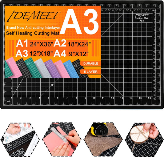 Density-upgraded 18"x12" Self Healing Cutting Mat, Idemeet Rotary Sewing Mat for Crafts, 5-Ply Blade Table Protector Cut Board for Fabric Leather Cutting Quilting Modeling Hobby Project, A3, Black