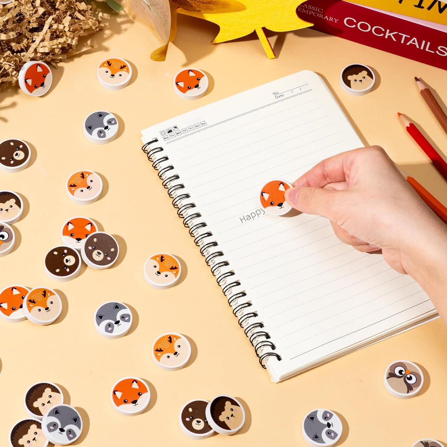 Woodland Animals Mini Eraser for Kids - 60Pcs Cute Animal Hedgehog Bear Assortment Novelty Pencil Erasers Bulk Cute Cartoon Stationery for Classroom Reward Fall Party Goodies Fillers Supplies