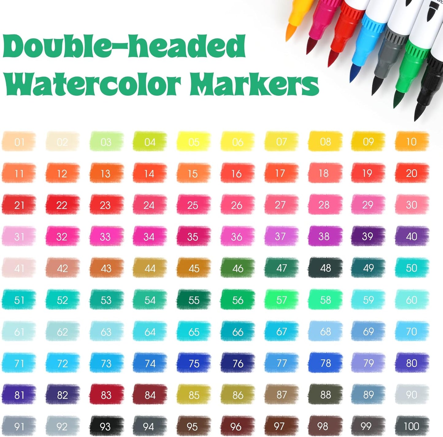 100 Colors Dual Brush Markers for Adult Kids Coloring Books, Water-Based Ink Art Marker Pens Set with Fine & Brush Tips for Bullet Journaling, Drawing, Hand Lettering, Sketching