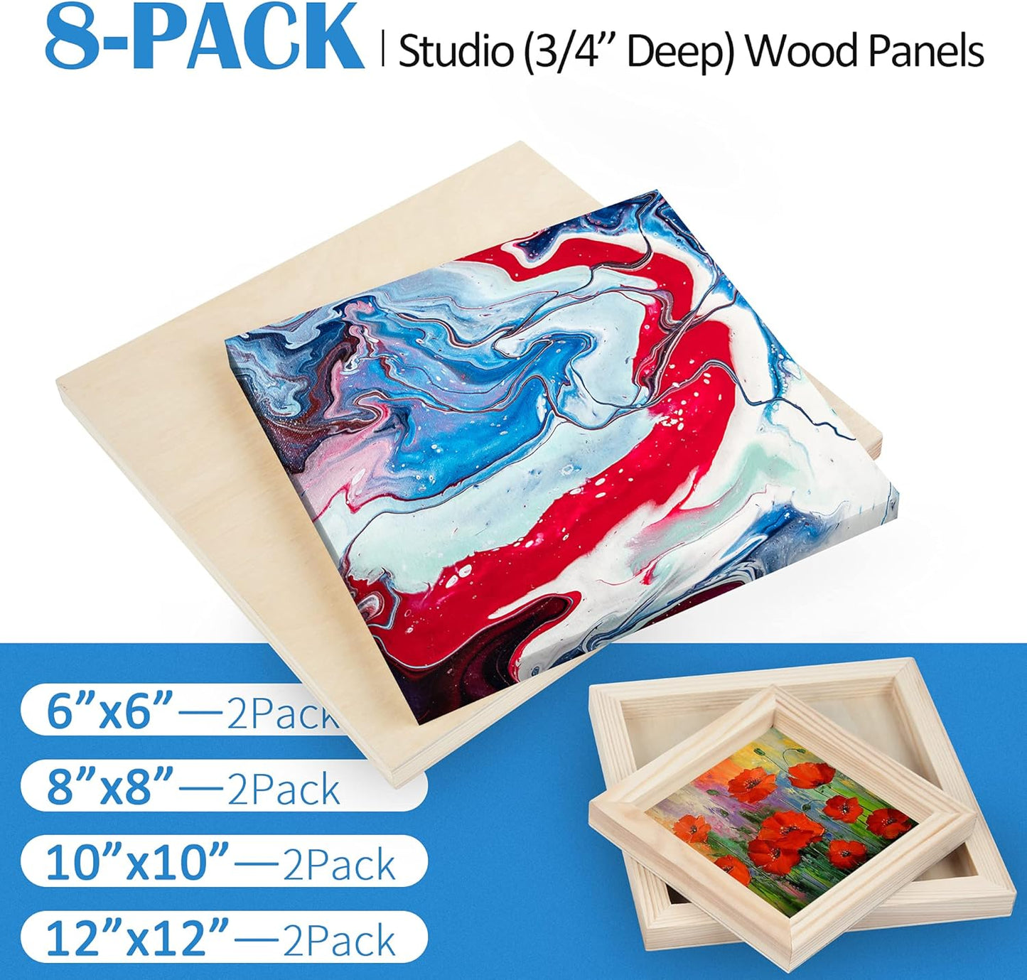 Falling in Art Unfinished Birch Wood Canvas Panels Kit, 8 Pack of 4 Sizes Studio 3/4’’ Deep Cradle Boards for Pouring Art, Crafts, Painting, and More