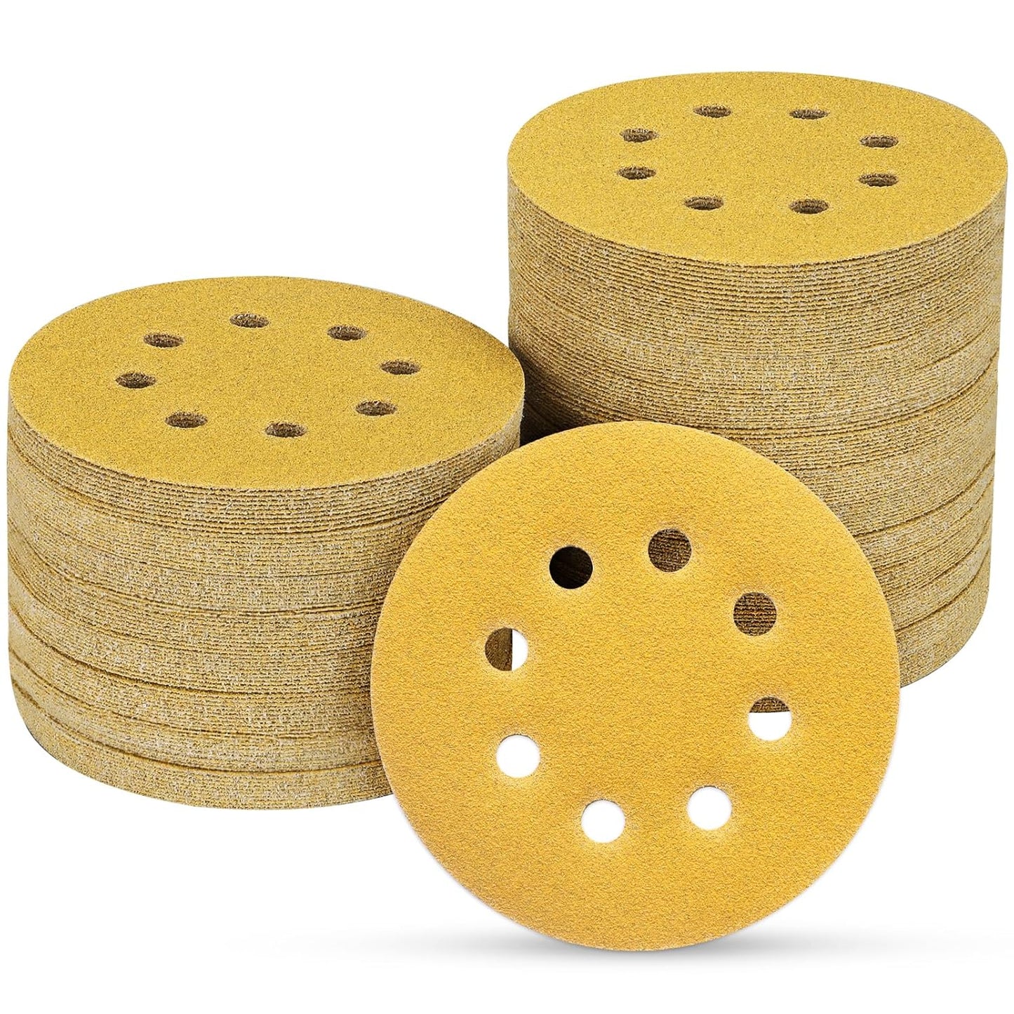 110PCS 5 Inch 8 Hole Sanding Discs,Gold Round Hook and Loop Sandpaper for Random Orbital Sander(60 80 100 120 150 180 240 320 400 600 800 Mix Grit)