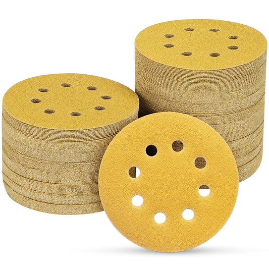 100PCS 5 Inch 8 Hole Sanding Discs 120 Grit,Gold Round Hook and Loop Sandpaper for Random Orbital Sander