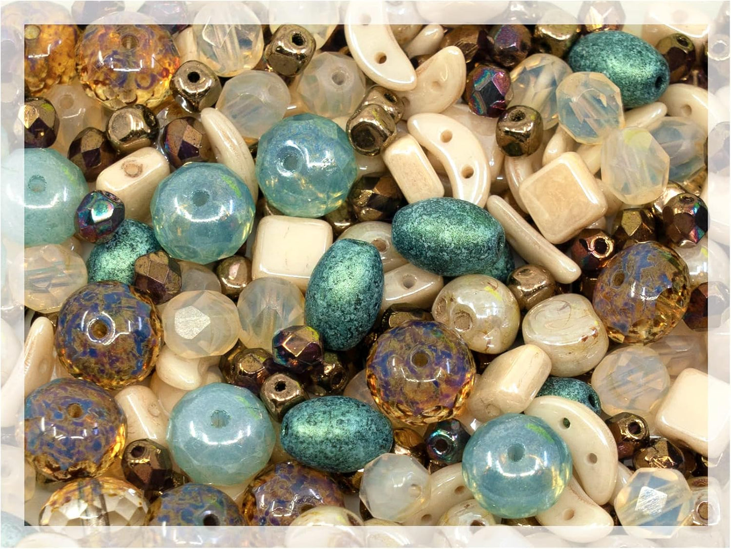 2.1oz (60 g) Mix of Unique Czech Bohemia Glass Pressed Beads, Matte and Glossy, Hand Made, Beige Blue Luster