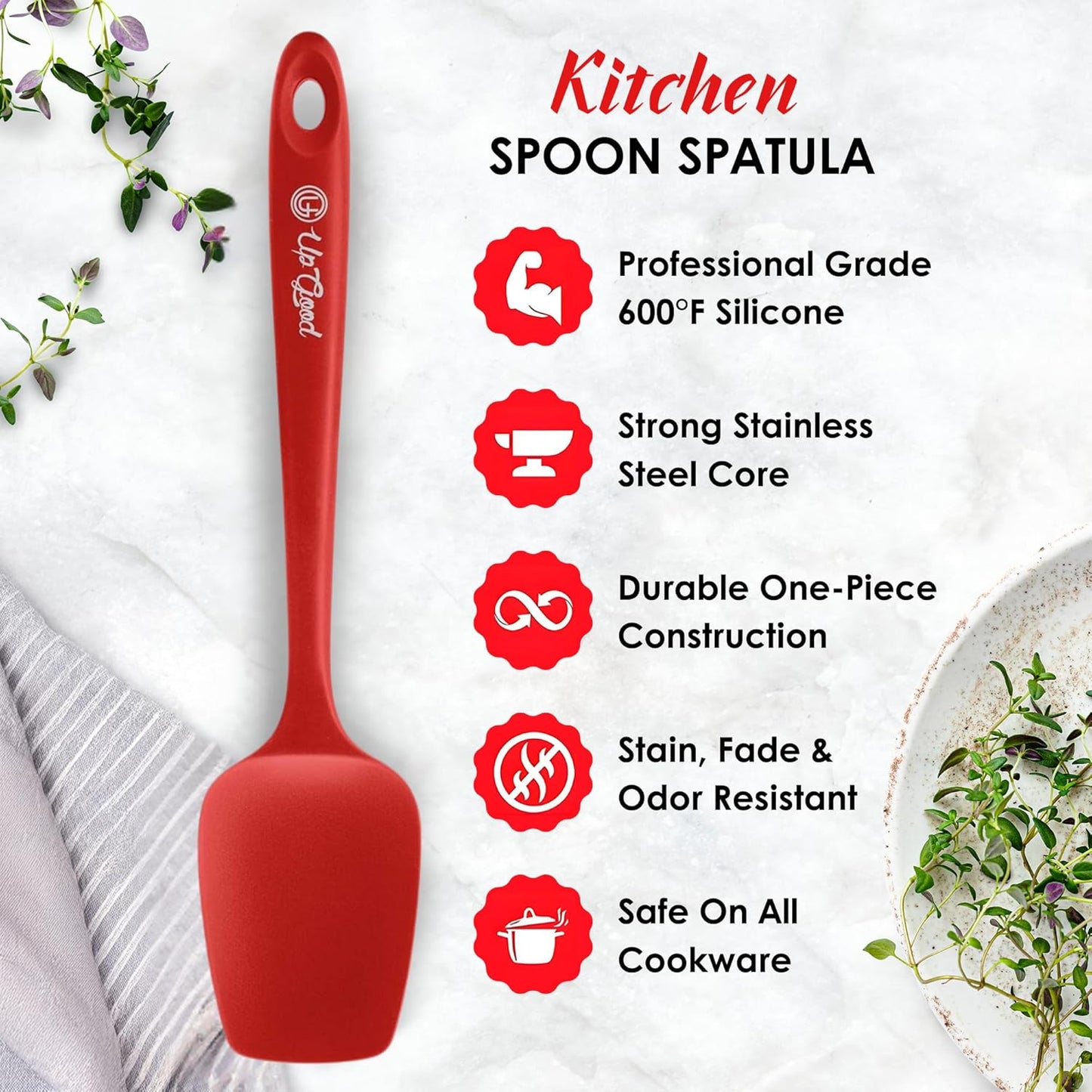 Silicone Spoon Spatula - 600ºF Heat-Resistant Non-Stick Rubber Spoonula | Use as Silicone Kitchen Scraper Utensil - Baking and Cooking Strong Stainless Steel Core | UpGood Kitchen Utensils, (Red)